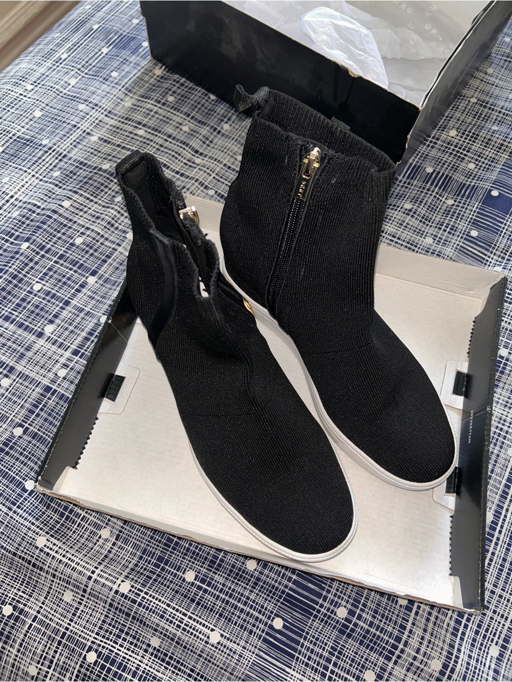 DKNY Black Knit Wedge Sneaker Boot with Gold Accents - Picture 3 of 12